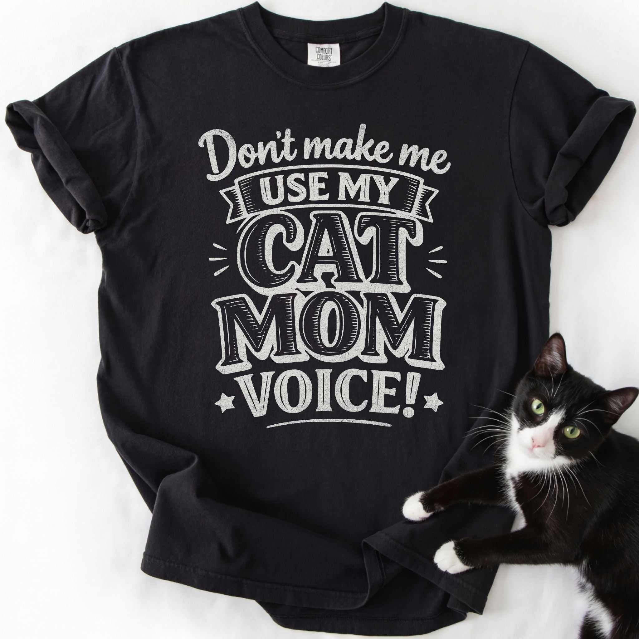 Funny cat behaviors explained, featuring the Cat Mom Voice tee from Furalo