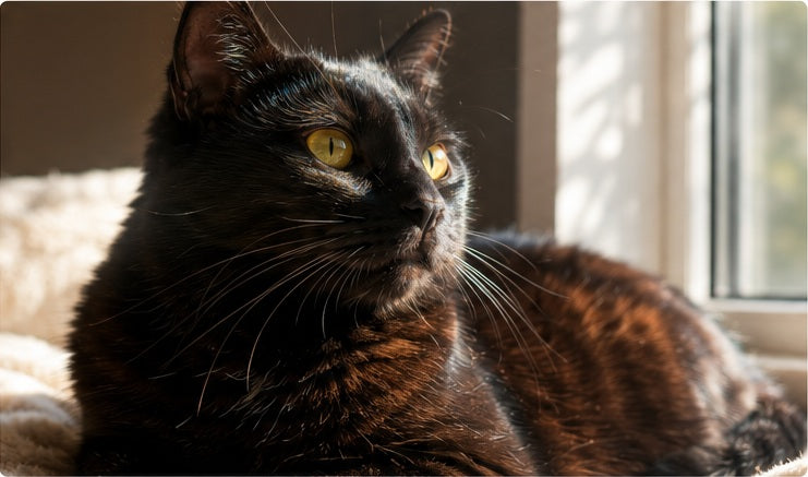 Black cat with warm brown highlights in sunlight