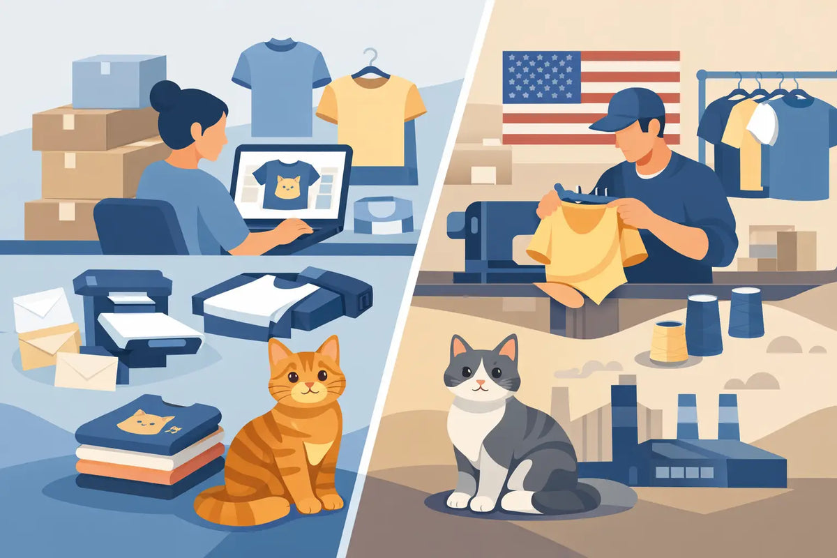 Print on Demand vs USA Made Apparel for Cat People