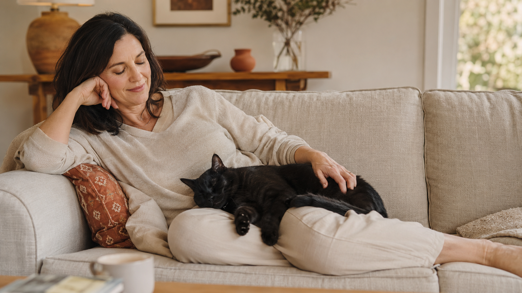 Black cat sleeping on a woman's lap in a warm living room