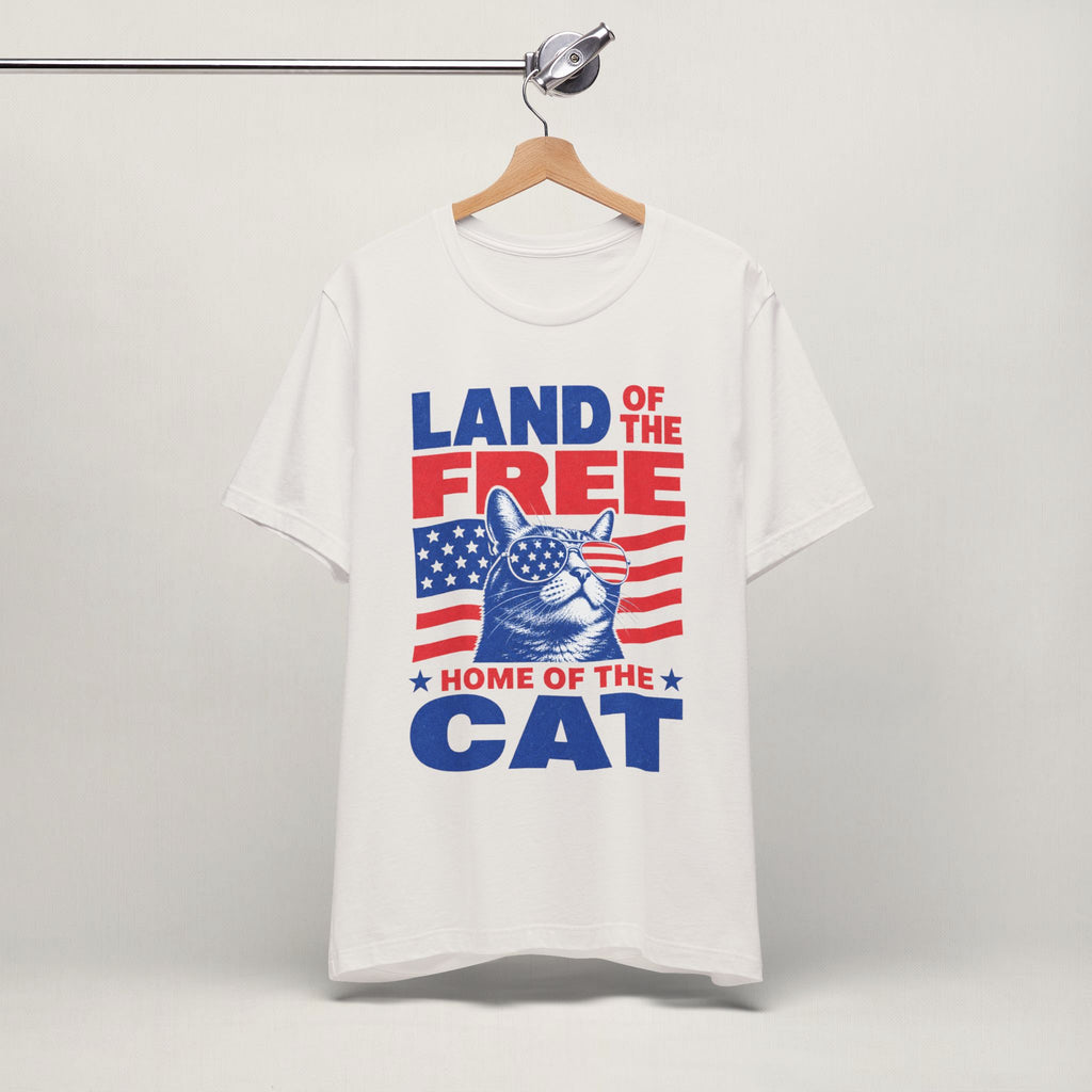Close-up of Home of the Cat print on vintage white unisex t-shirt