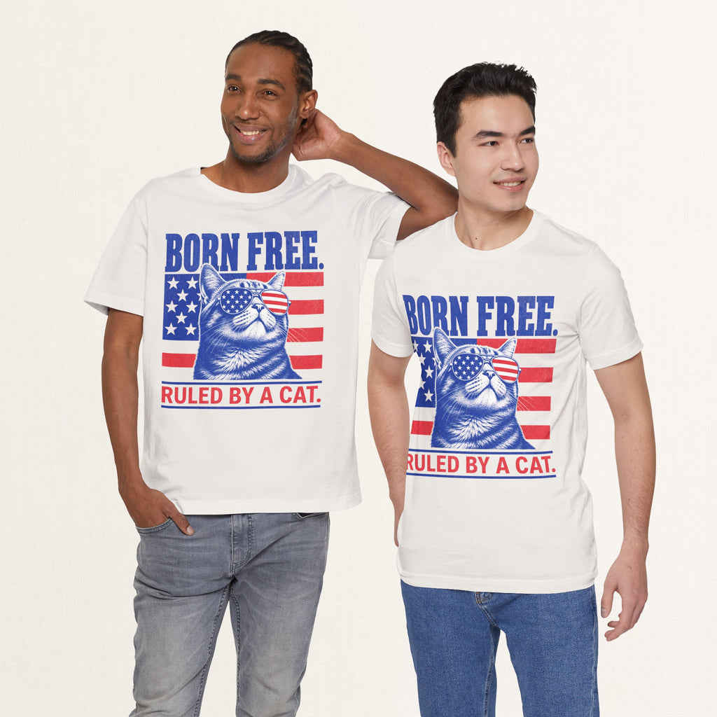 Model wearing vintage white Born Free patriotic cat t-shirt