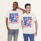 Model wearing vintage white Born Free patriotic cat t-shirt