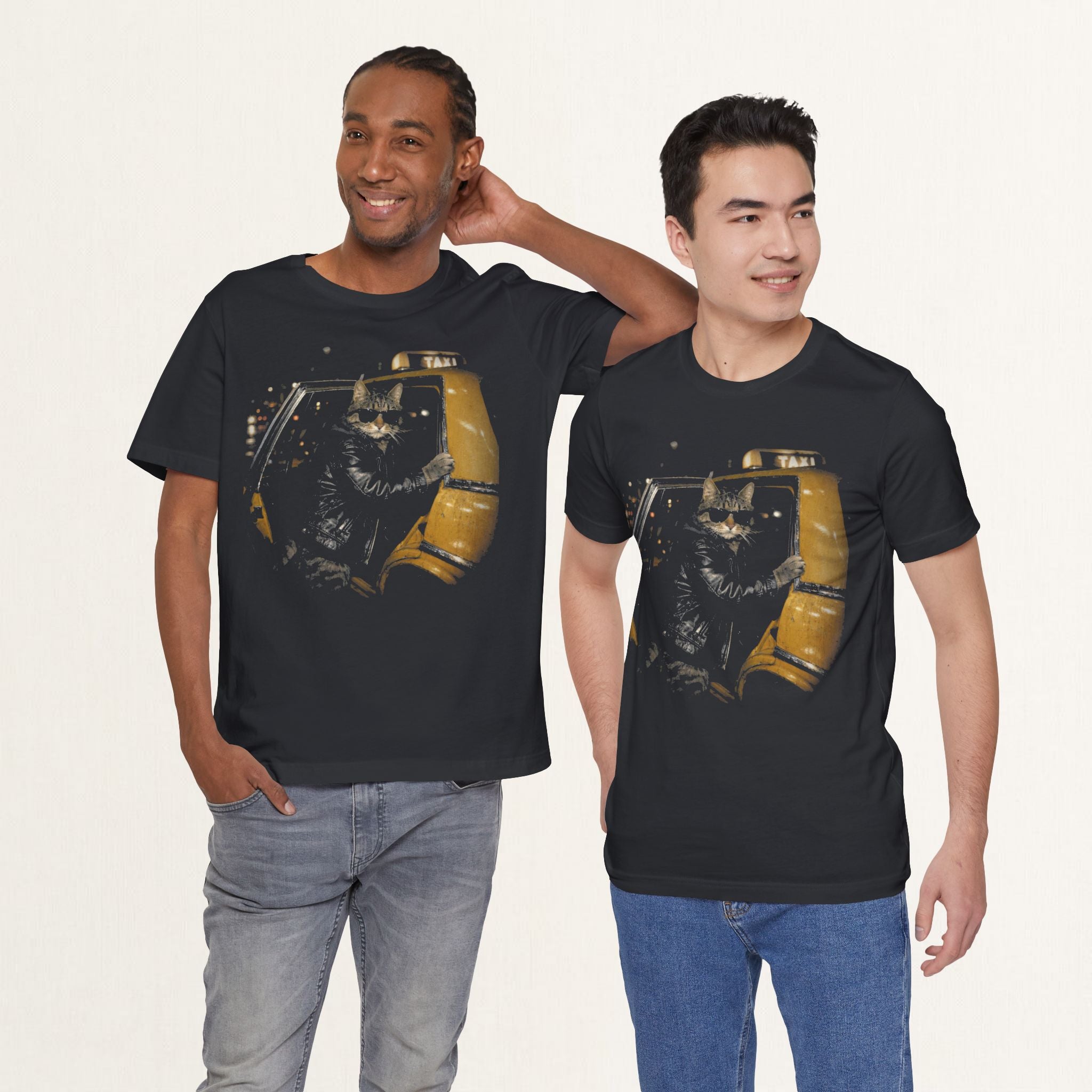 Folded vintage black Midnight Taxi cat t-shirt showing fabric and print detail