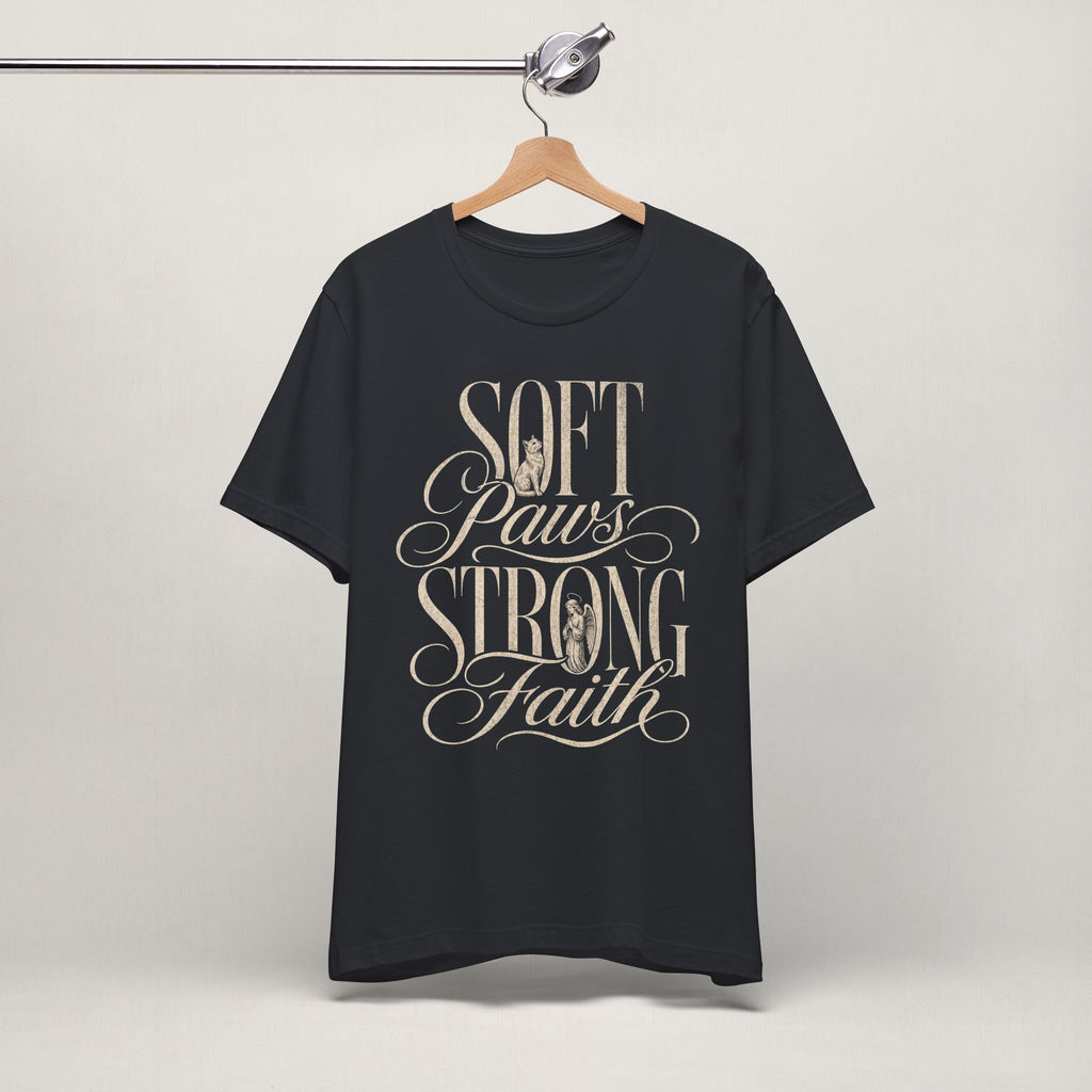 Vintage black Soft Paws, Strong Faith cat t-shirt on a hanger