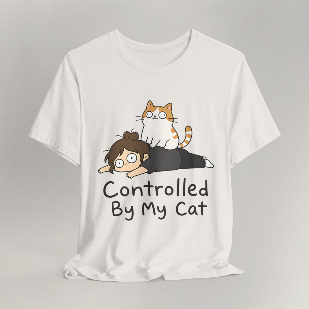Flat lay of vintage white graphic cat t-shirt with orange tabby Controlled By My Cat print design