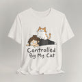 Flat lay of vintage white graphic cat t-shirt with orange tabby Controlled By My Cat print design