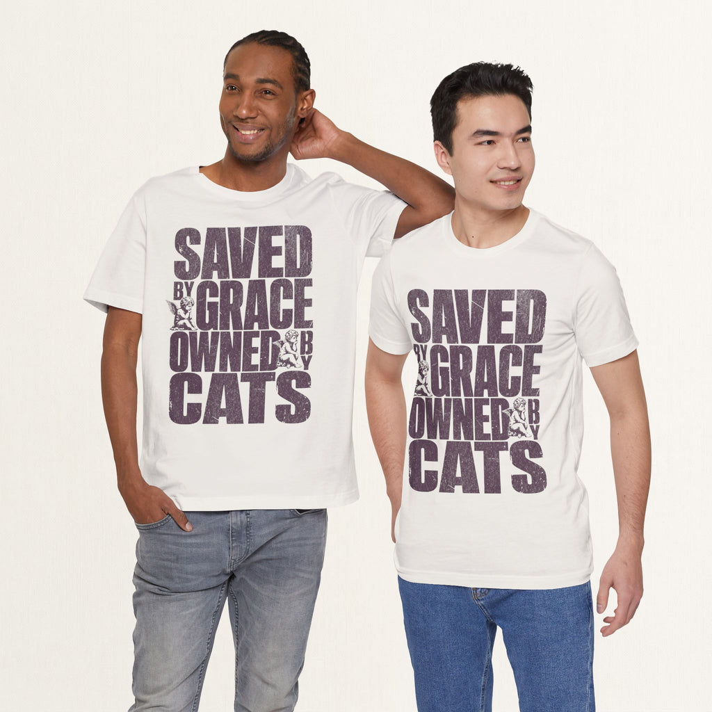 Two men wearing vintage white Saved by Grace Owned by Cats printed cat t-shirts