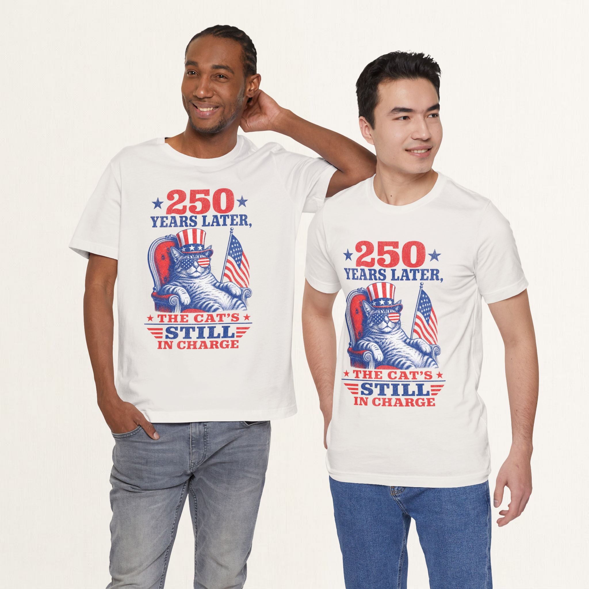 Model wearing vintage white 250 Years Later patriotic cat t-shirt
