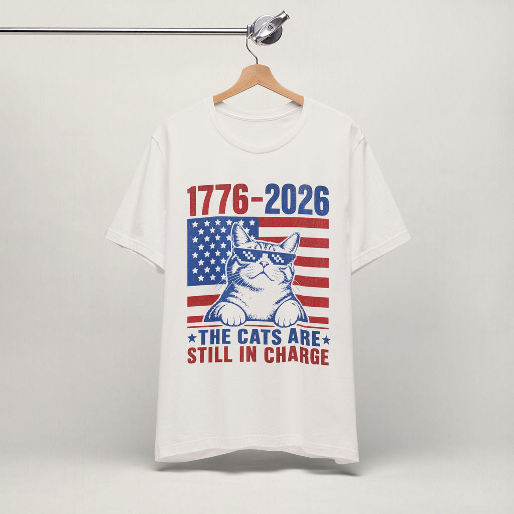 Close-up of The Cats Are Still In Charge print on vintage white unisex t-shirt