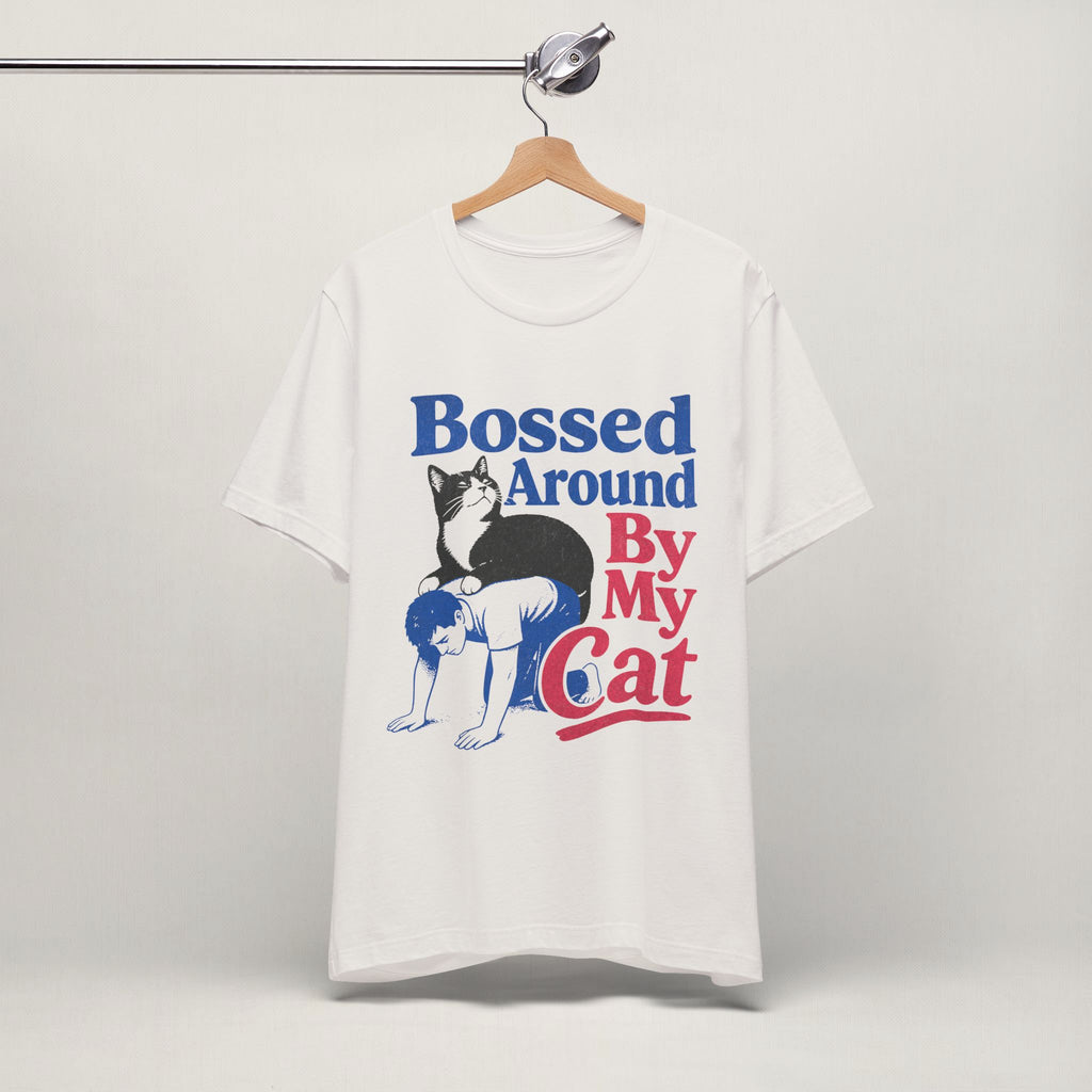 Close-up of bold retro Bossed Around By My Cat print on vintage white unisex t-shirt