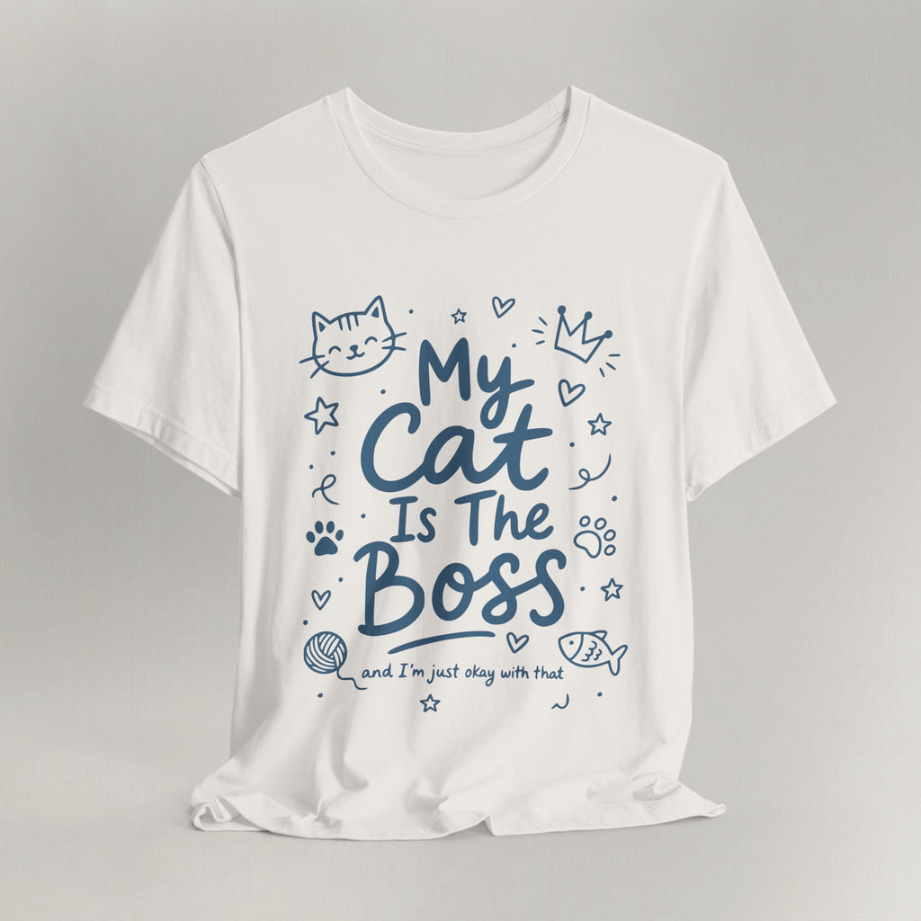 Flat lay of vintage white graphic cat t-shirt with My Cat Is The Boss print design