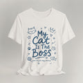 Flat lay of vintage white graphic cat t-shirt with My Cat Is The Boss print design