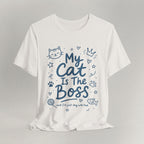 Flat lay of vintage white graphic cat t-shirt with My Cat Is The Boss print design