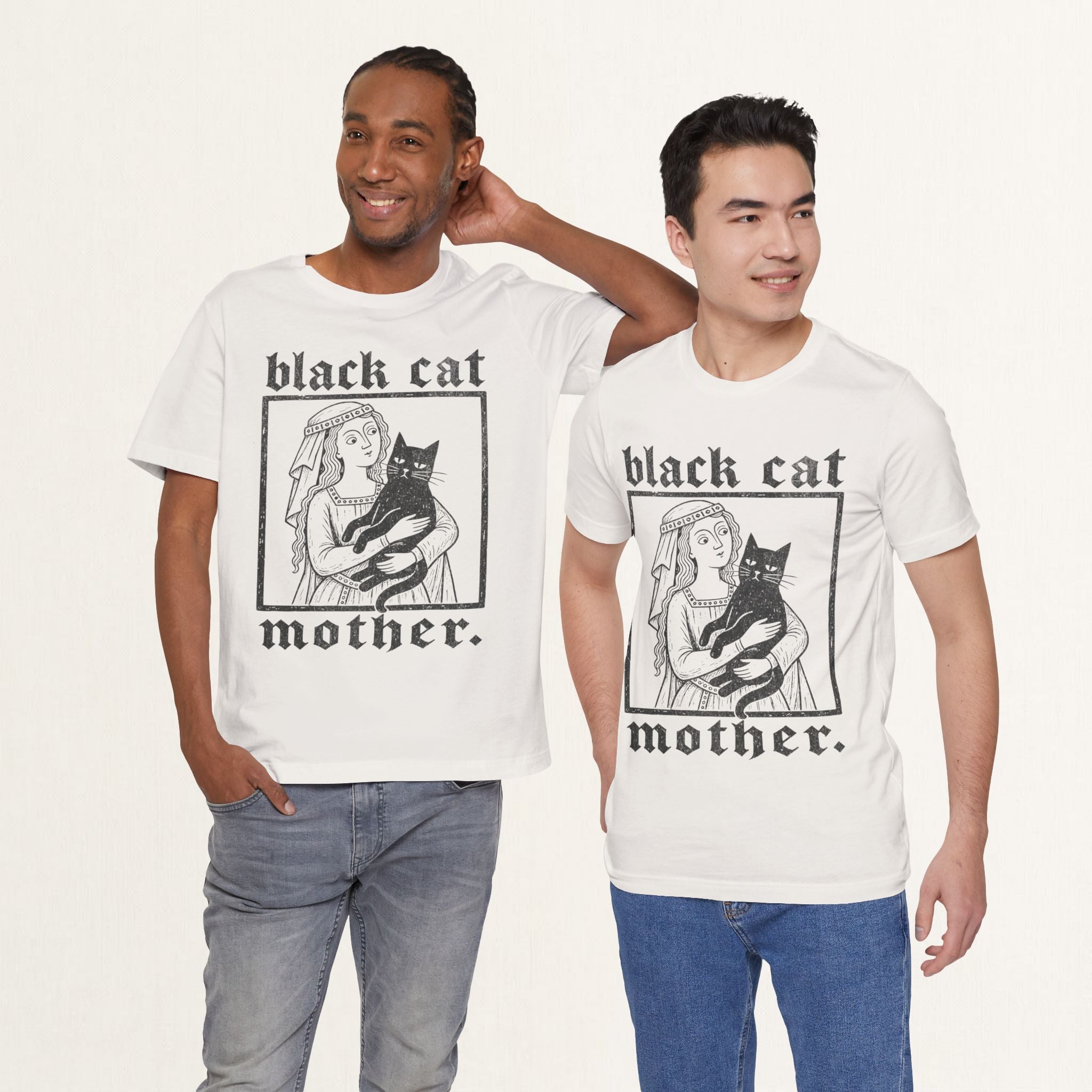 Two men wearing vintage white Black Cat Mother cat t-shirts
