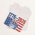 Back view of vintage white 1776-2026 Ruled By Cats cat t-shirt on model