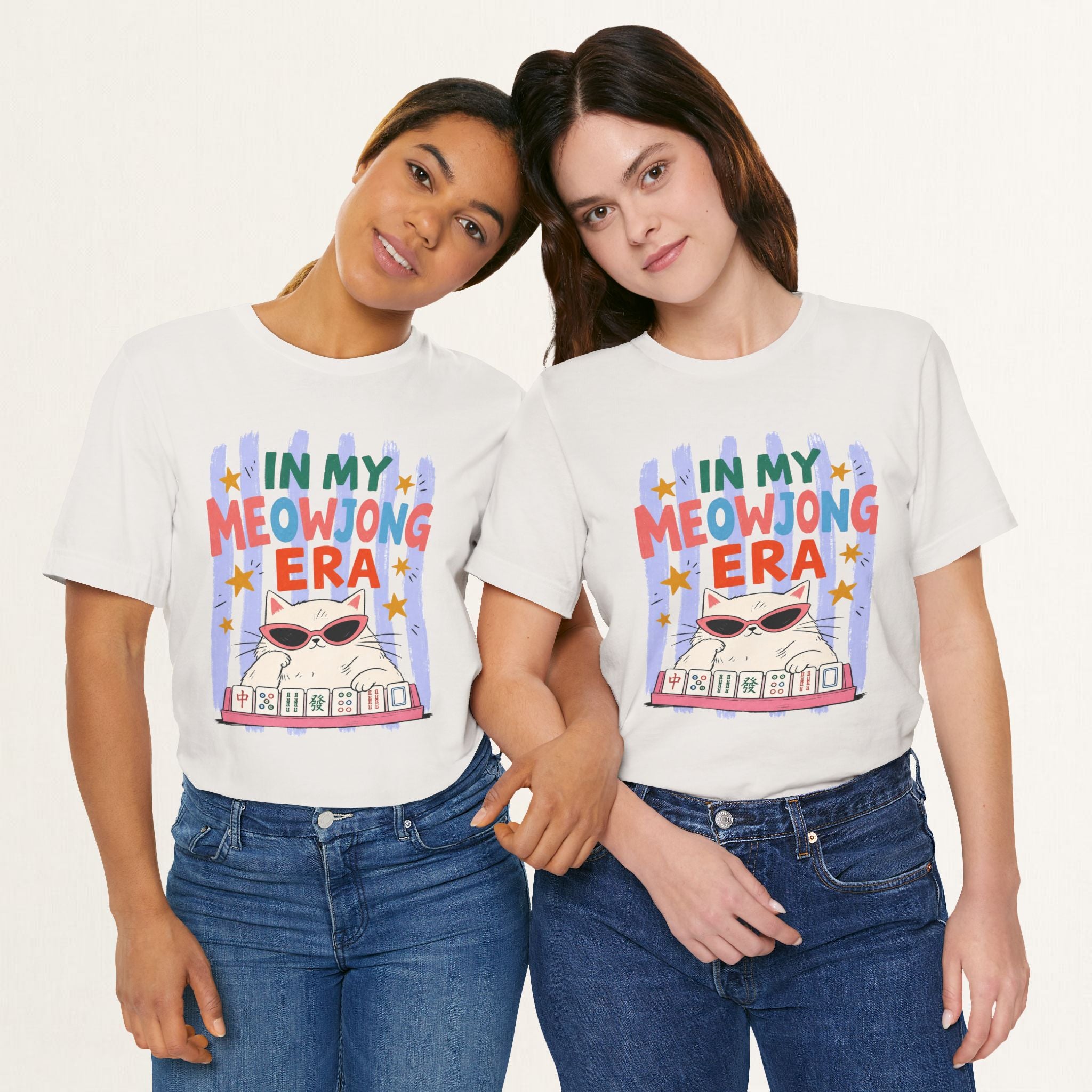 Couple wearing vintage white In My Meowjong Era cat t-shirts