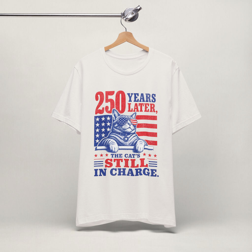 Close-up of Still In Charge print on vintage white unisex t-shirt