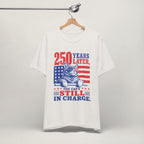 Close-up of Still In Charge print on vintage white unisex t-shirt