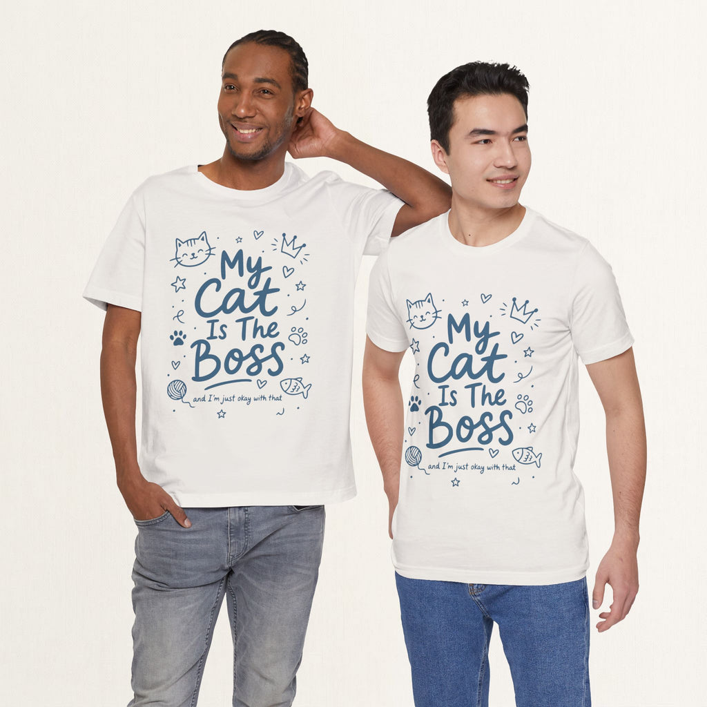 Model wearing vintage white My Cat Is The Boss graphic cat t-shirt
