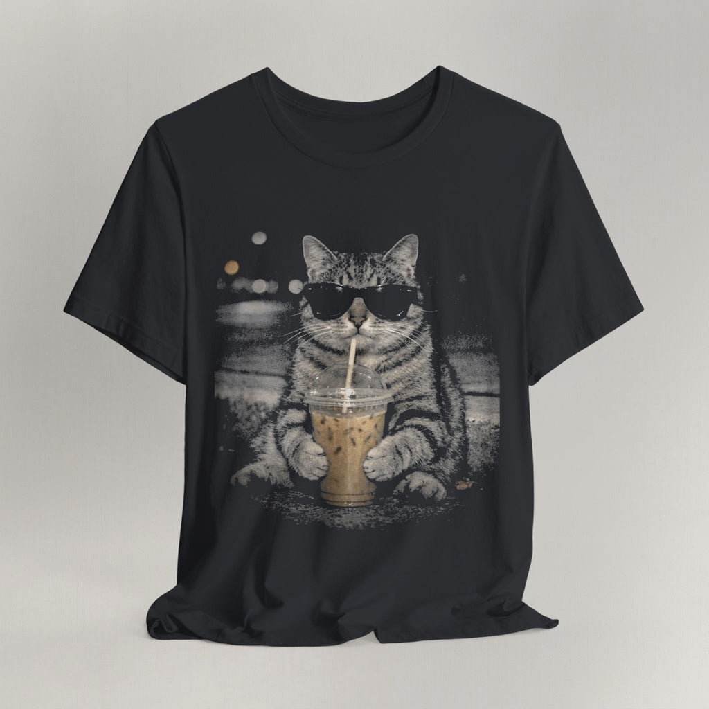 Vintage black graphic cat t-shirt with Street Latte Cat print, flat lay front view
