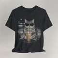 Vintage black graphic cat t-shirt with Street Latte Cat print, flat lay front view