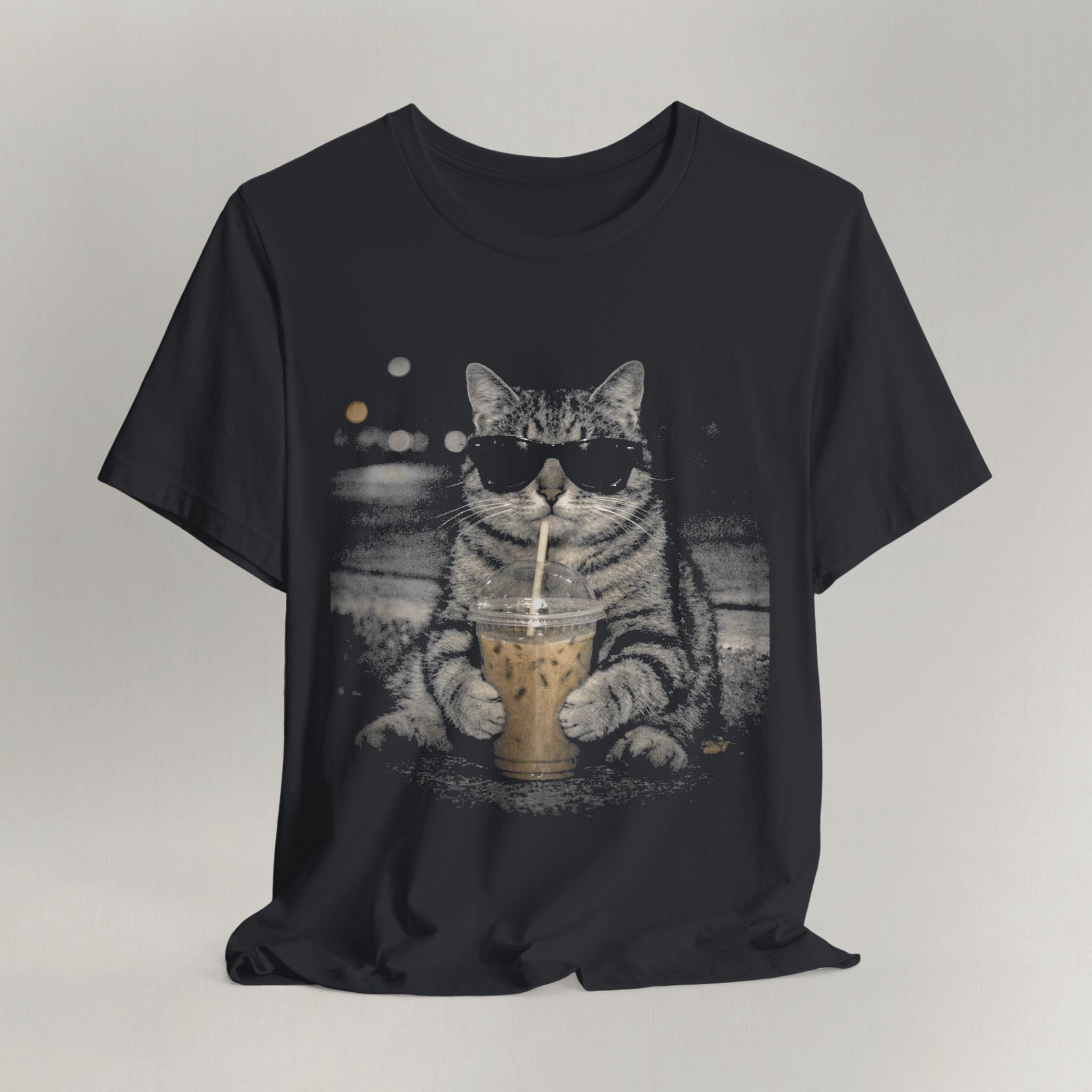 Vintage black graphic cat t-shirt with Street Latte Cat print, flat lay front view