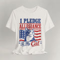 Flat lay of vintage white patriotic cat t-shirt with I Pledge Alledgiance print design