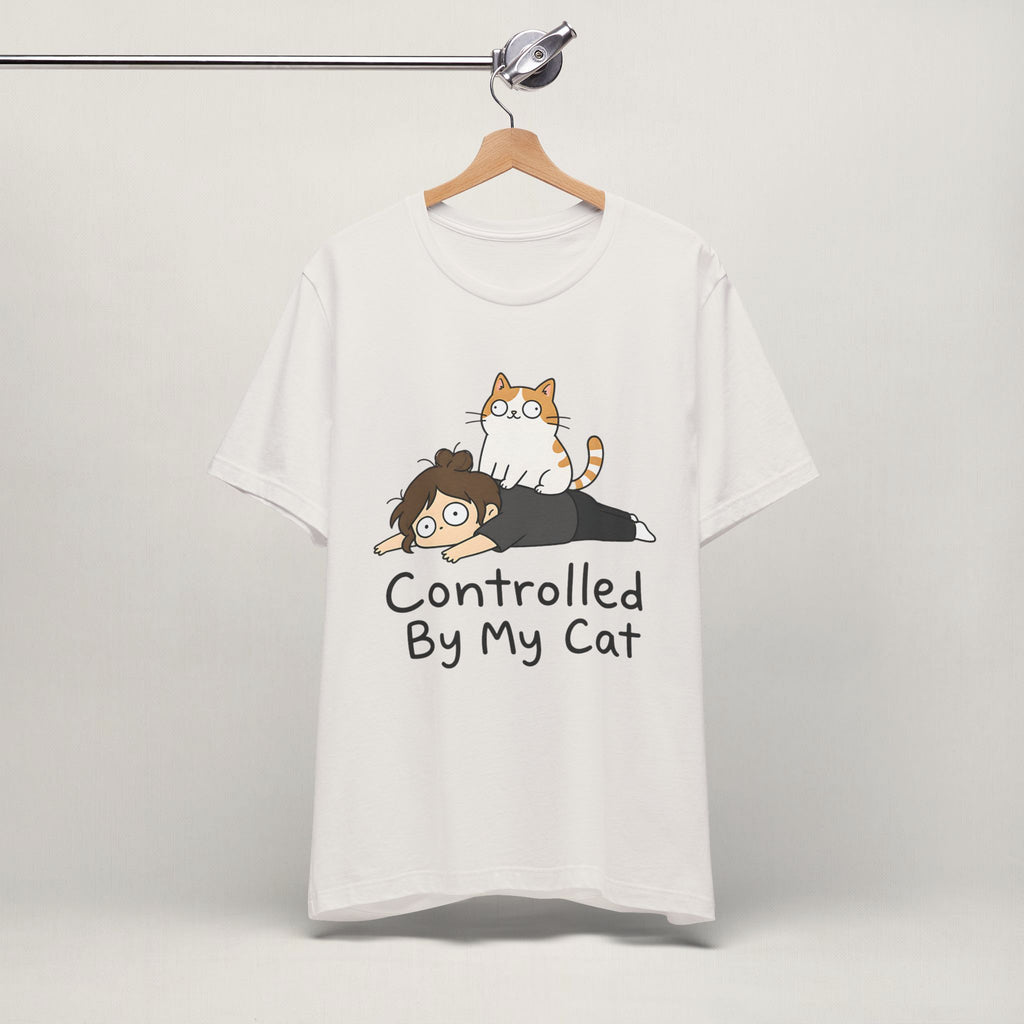 Close-up of orange tabby Controlled By My Cat print on vintage white unisex t-shirt