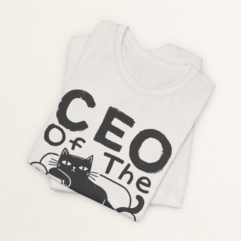 Back view of vintage white CEO Of The Sofa graphic cat t-shirt on model