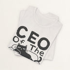 Back view of vintage white CEO Of The Sofa graphic cat t-shirt on model