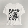 Vintage white Managed By My Cat t-shirt with printed text shown laid flat front view