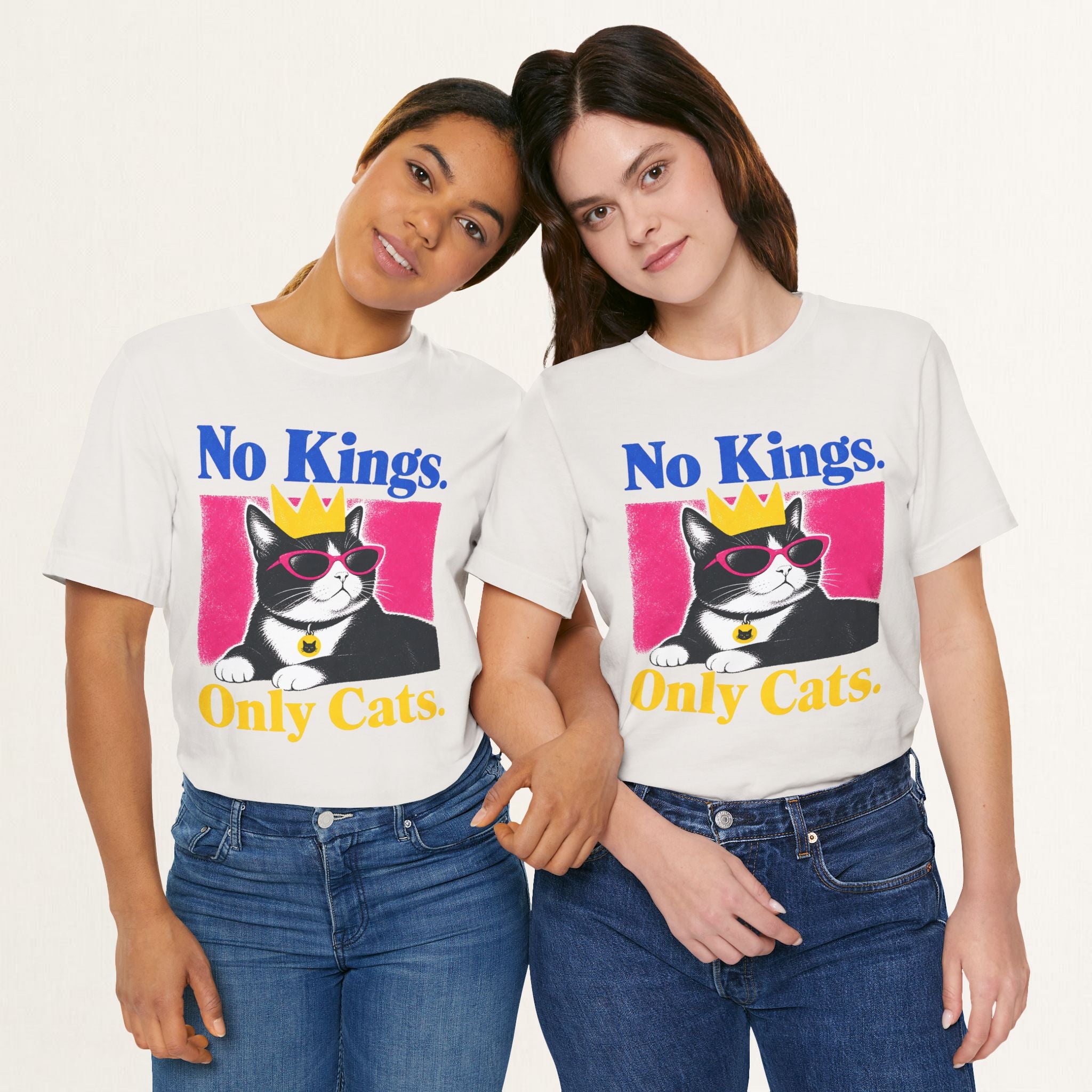Styled flat lay of vintage white No Kings Only Cats cat graphic tee