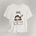 Flat lay of vintage white graphic cat t-shirt with Controlled By My Cat print design