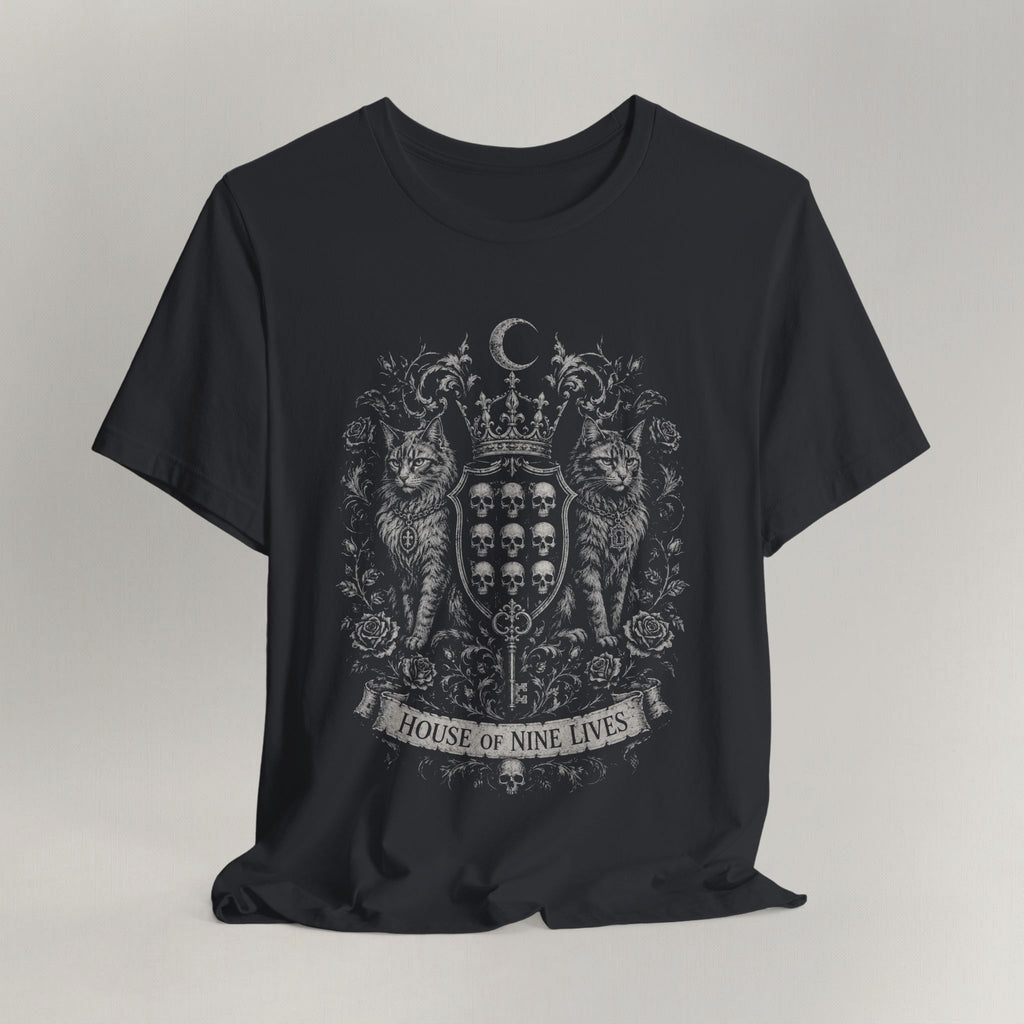Vintage black gothic cat t-shirt with a House of Nine Lives crest design, shown flat