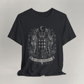 Vintage black gothic cat t-shirt with a House of Nine Lives crest design, shown flat