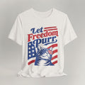 Flat lay of vintage white graphic cat t-shirt with Let Freedom Purr patriotic cat design