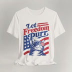 Flat lay of vintage white graphic cat t-shirt with Let Freedom Purr patriotic cat design