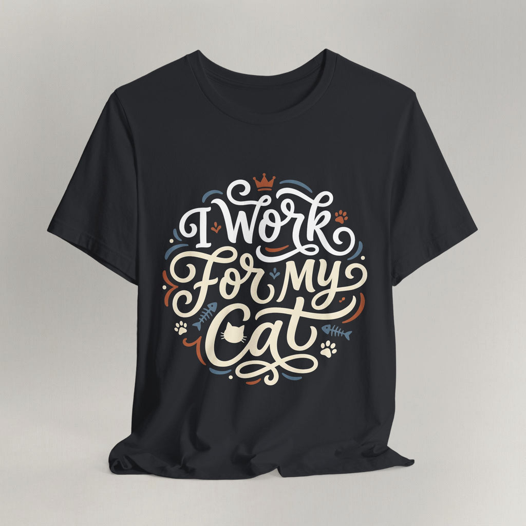 Flat lay of vintage black graphic cat t-shirt with I Work For My Cat print design