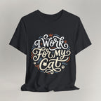 Flat lay of vintage black graphic cat t-shirt with I Work For My Cat print design