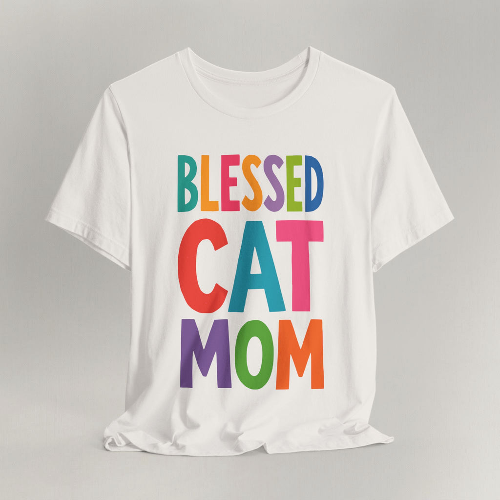 Vintage white cat t-shirt with a colorful Blessed Cat Mom design, shown flat