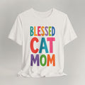 Vintage white cat t-shirt with a colorful Blessed Cat Mom design, shown flat