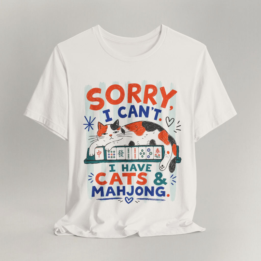 Vintage white cat t-shirt with a Sorry I Can't, I Have Cats and Mahjong design, shown flat
