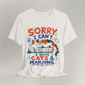 Vintage white cat t-shirt with a Sorry I Can't, I Have Cats and Mahjong design, shown flat