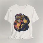 Flat lay of vintage white graphic cat t-shirt with Allegiance To My Cat print design