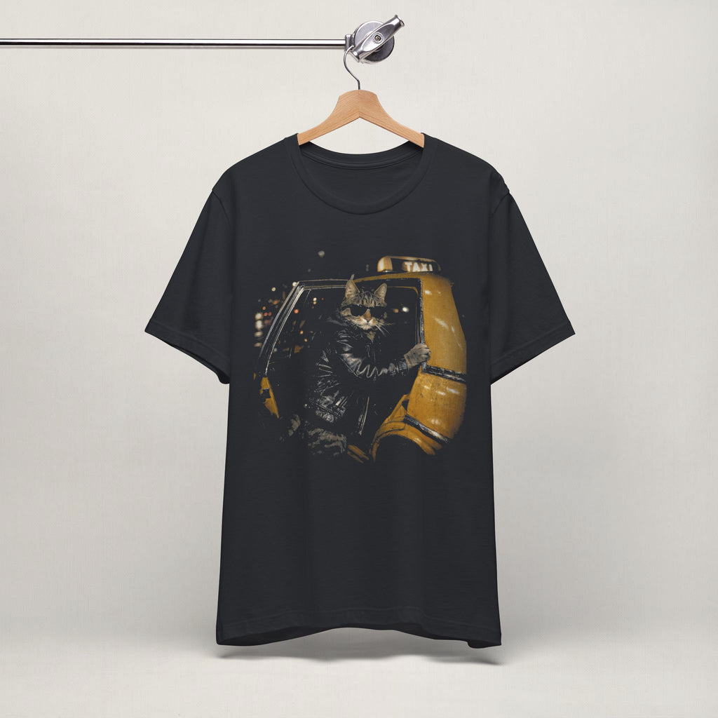 Side view of model wearing vintage black Midnight Taxi cat t-shirt