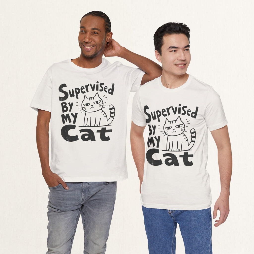 Two men wearing vintage white Supervised By My Cat t-shirts with striped cat sketch