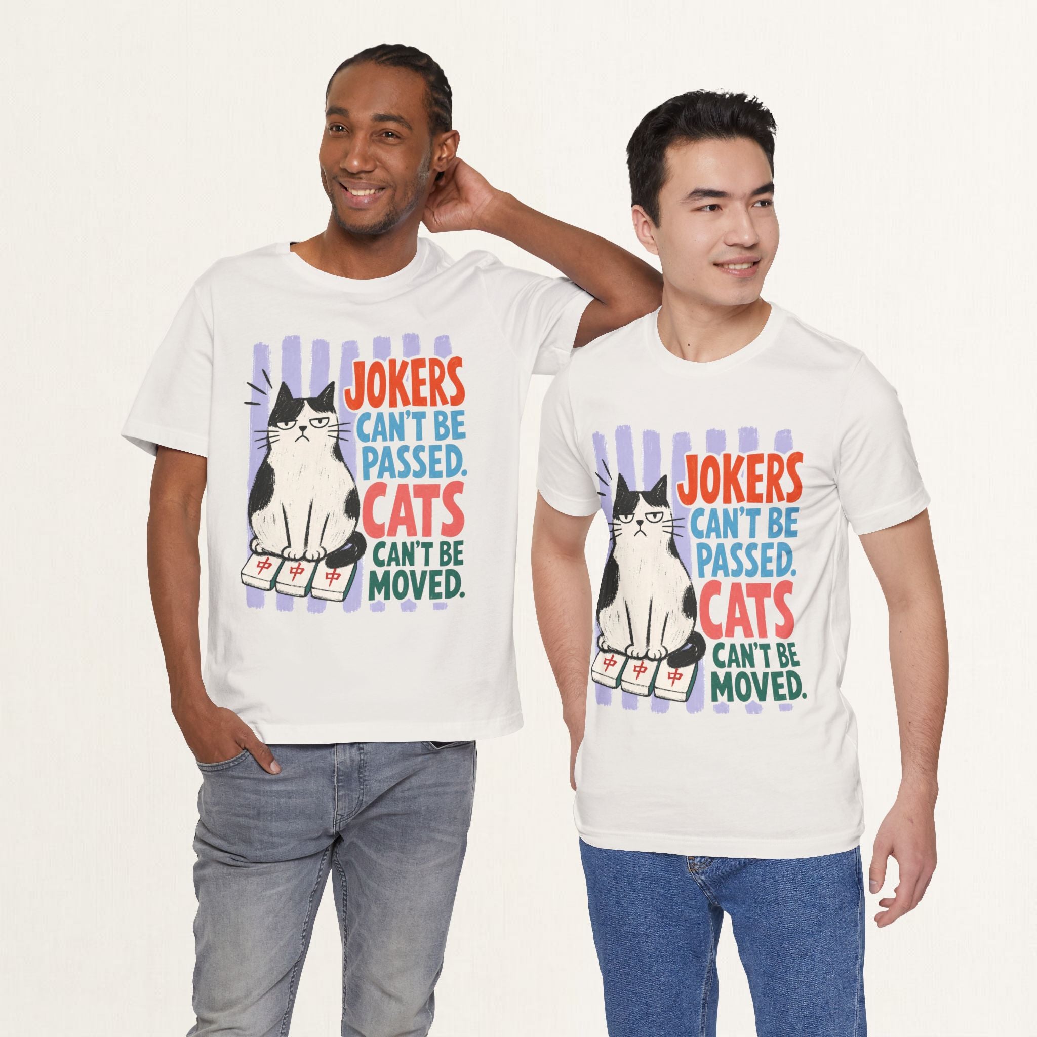 Two men wearing vintage white Jokers Can't Be Passed mahjong cat t-shirts