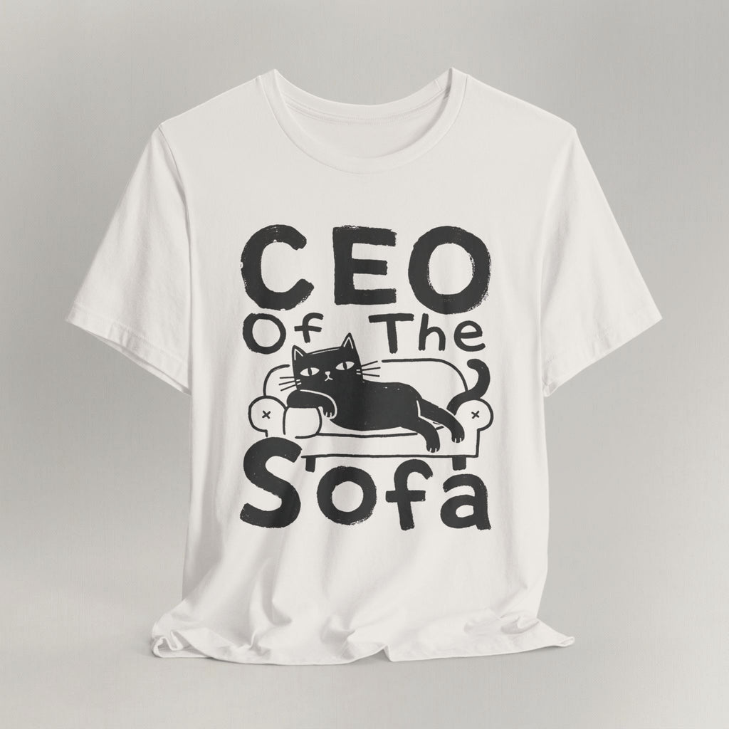 Flat lay of vintage white graphic cat t-shirt with CEO Of The Sofa print design