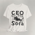 Flat lay of vintage white graphic cat t-shirt with CEO Of The Sofa print design